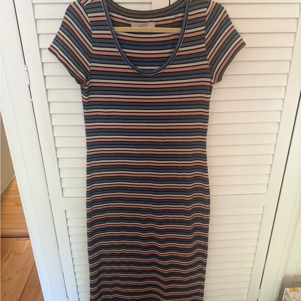 LOFT Blue and Orange Sheath Midi Dress Short Sleeve Scoop Neck